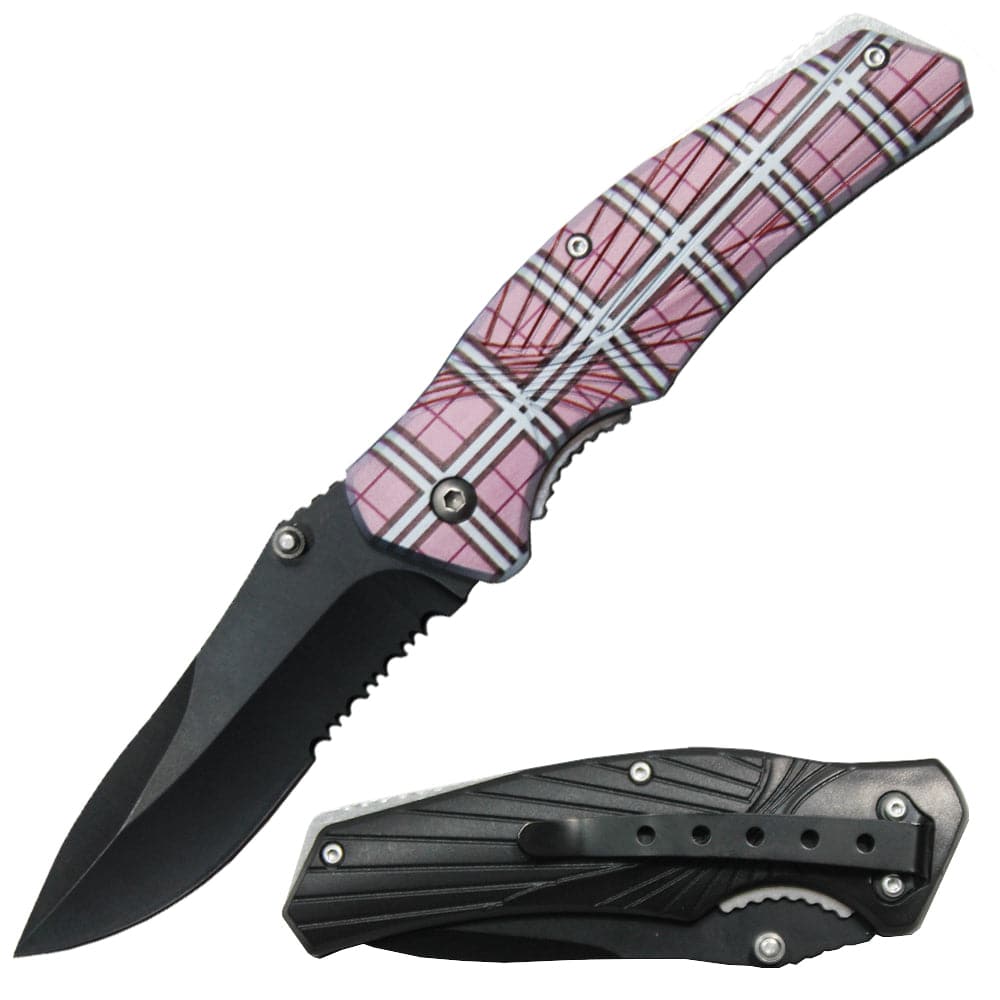 BBK 3417-RD 4.25" Pink Plaid Handle Thumb Stud Folding Knife with Belt Clip