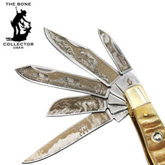 BC 5249-RH 4" 5 Blade Etched Ram Horn Bone Collector Pocket Knife