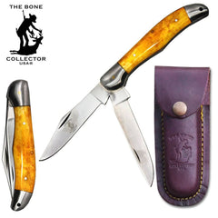 BC 816-YBN 5" Yellow Bone Collector 2 Blade Bone Handle Folding Knife with Leather Knife