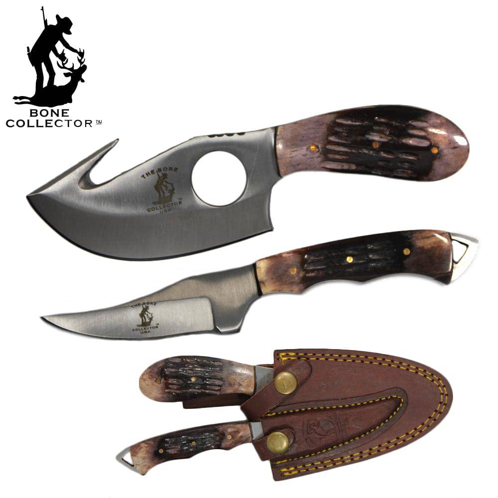 BC 859-BN 2PCS Hunting Knife Set 7" Bone Collector Bone Handle Knives with Leather Sheath