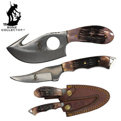 BC 859-BN 2PCS Hunting Knife Set 7" Bone Collector Bone Handle Knives with Leather Sheath