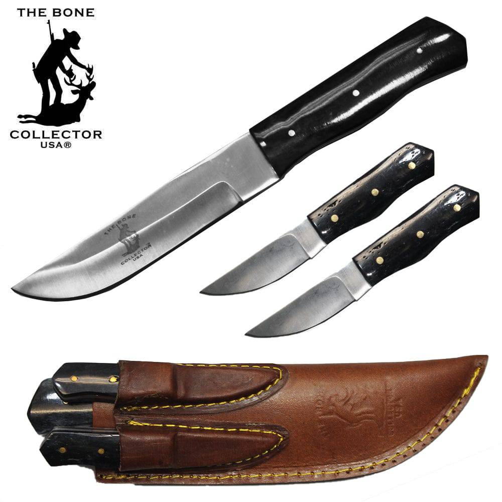 BC 871-BKBN 8" Bone Collector Black Bovine Bone 3 PCS Hunting Knife with Leather Sheath