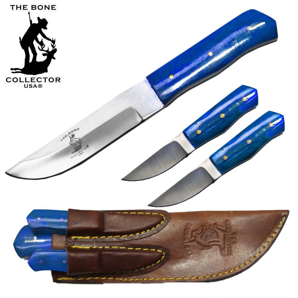 BC 871-BLBN 8" Bone Collector Blue Bovine Bone 3 PCS Hunting Knife with Leather Sheath