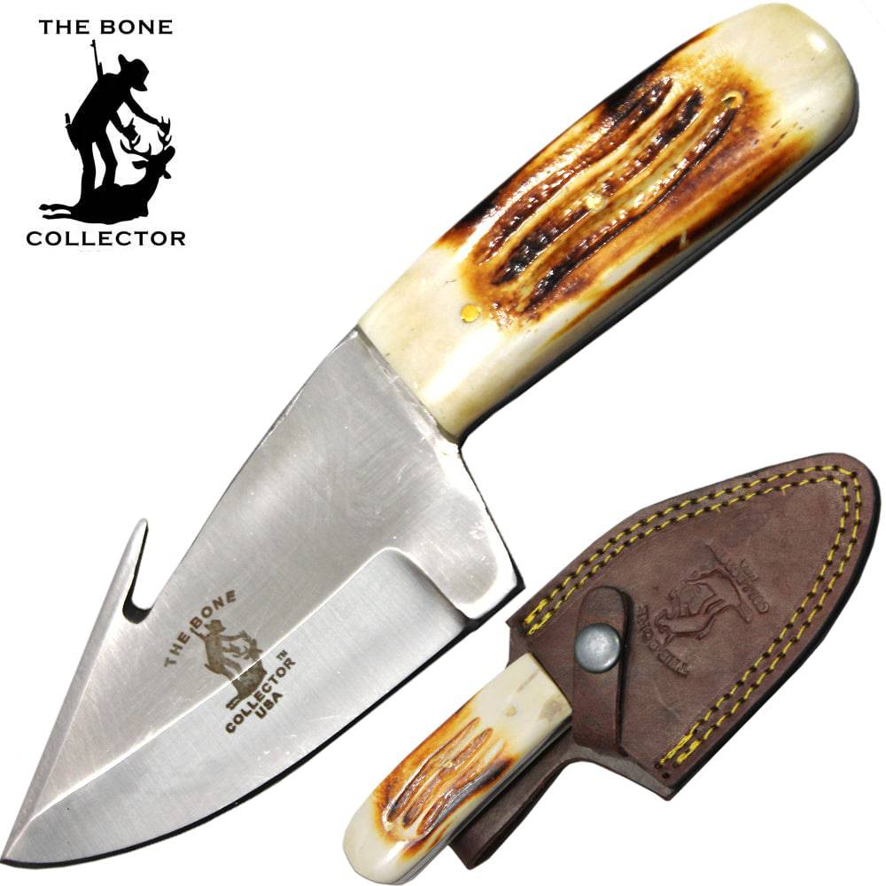 BC 876-BN 7" Bone Collector Burn-Bone Handle Gut Hook Skinner Knife with Leather Sheath