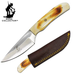 BC 883-BN 8" Bone Collector Bovine Bone Handle Hunting Knife with Leather Sheath