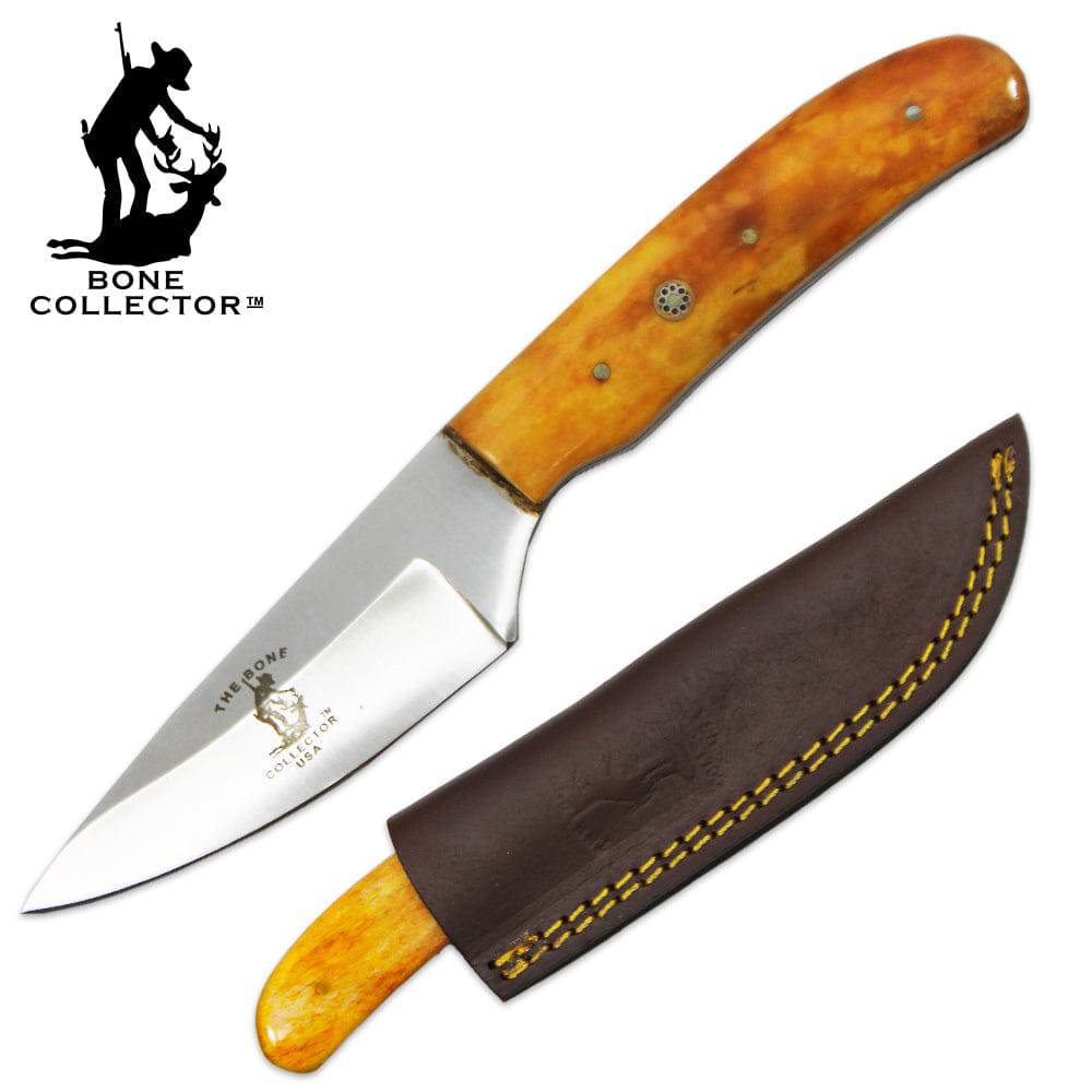 BC 883-YBN 8" Bone Collector Yellow Bovine Bone Handle Hunting Knife with Leather Sheath