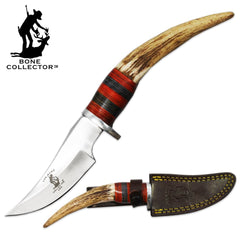 BC 887-HORN 10" Bone Collector Bovine Horn Handle Hunting Knife with Leather Sheath