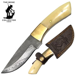 BC HKDB-22 8" Damascus Blade Bone Collector Bovine Handle Hunting Knife with Leather Sheath