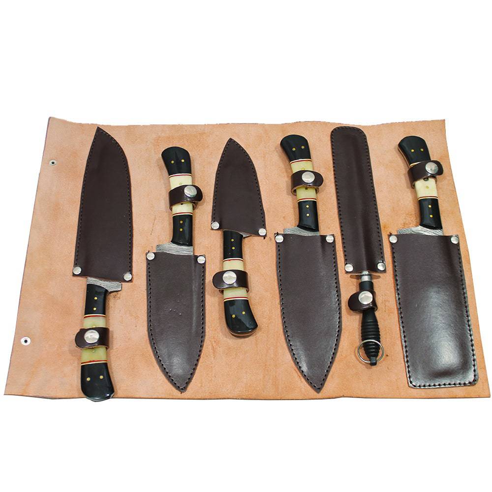 DM 002-5 5 Piece Damascus Kitchen Knife Set with Sharpening Rod & Leather Roll Carrying Case