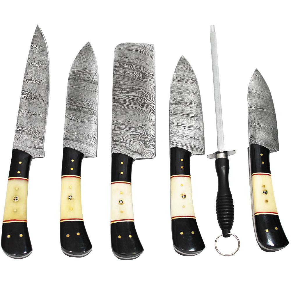 DM 002-5 5 Piece Damascus Kitchen Knife Set with Sharpening Rod & Leather Roll Carrying Case