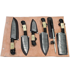 DM 002-5 5 Piece Damascus Kitchen Knife Set with Sharpening Rod & Leather Roll Carrying Case