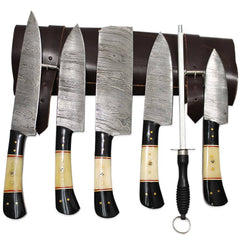 DM 002-5 5 Piece Damascus Kitchen Knife Set with Sharpening Rod & Leather Roll Carrying Case