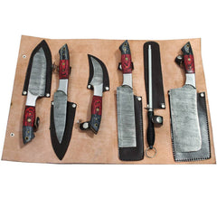 DM 003-5 5 Piece Damascus Kitchen Knife Set with Sharpening Rod & Leather Roll Carrying Case