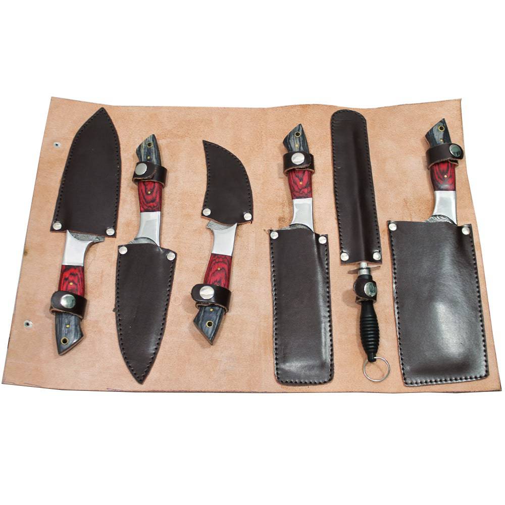 DM 003-5 5 Piece Damascus Kitchen Knife Set with Sharpening Rod & Leather Roll Carrying Case