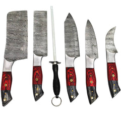 DM 003-5 5 Piece Damascus Kitchen Knife Set with Sharpening Rod & Leather Roll Carrying Case