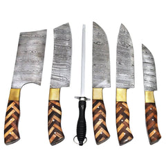 DM 004-5 5 Piece Damascus Kitchen Knife Set with Sharpening Rod & Leather Roll Carrying Case