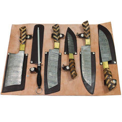 DM 004-5 5 Piece Damascus Kitchen Knife Set with Sharpening Rod & Leather Roll Carrying Case