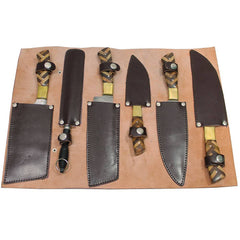 DM 004-5 5 Piece Damascus Kitchen Knife Set with Sharpening Rod & Leather Roll Carrying Case