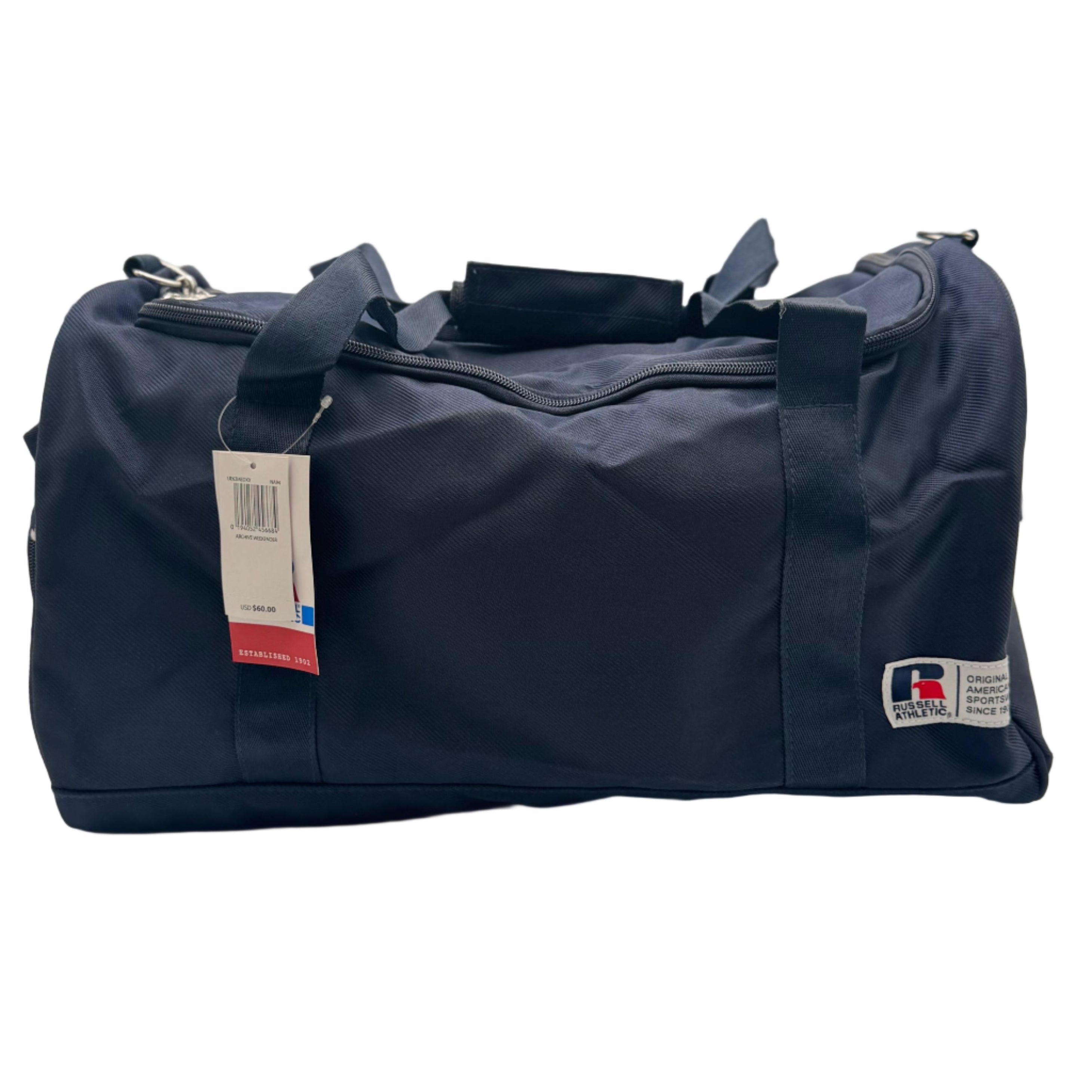 Navy duffel bag with tags on a white background