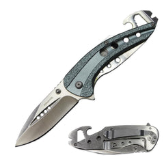 KN 1734-GR 4.25" Grey Metal Handle Assist-Open Folding Knife with Wrench & Bottle Opener