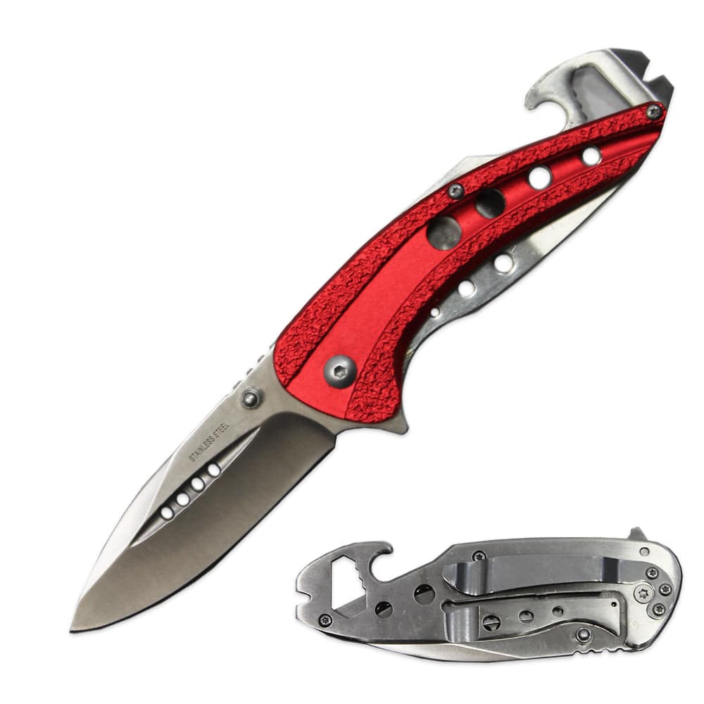 KN 1734-RD 4.25" Red Metal Handle Assist-Open Folding Knife with Wrench & Bottle Opener