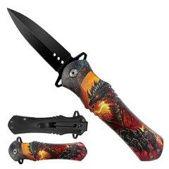 KS 1204-DG1 4.63" Flames Dragon Print Handle Assist-Open Spear Point Blade Folding Knife with Pocket Clip