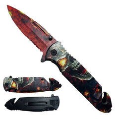 KS 1820-SK 4.75" Skull Half Serrated Blade Assist-Open Rescue Knife with Belt Cutter & Glass Breaker