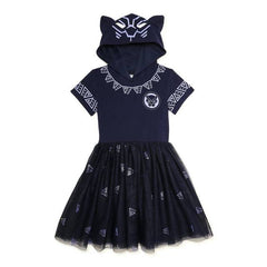 Girls Black Panther Hooded Dress with Short Sleeves