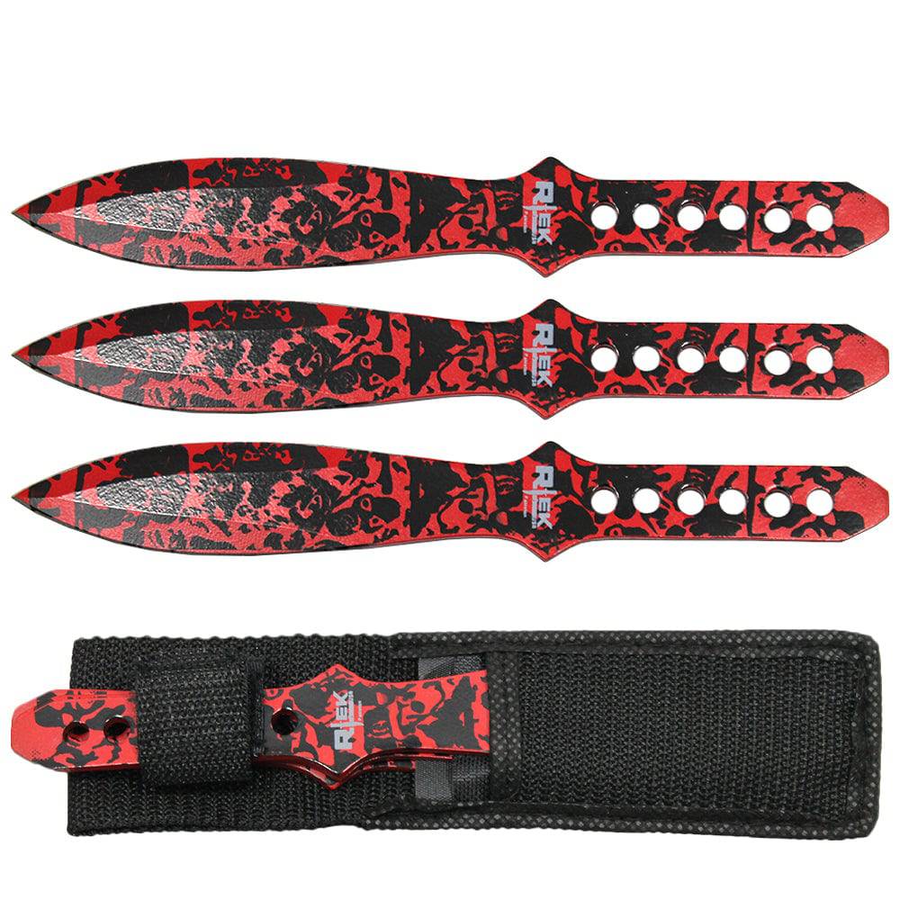 TK 01138-ZMRD 8" Red Zombie Skull Print Throwing Knife Set with Sheath