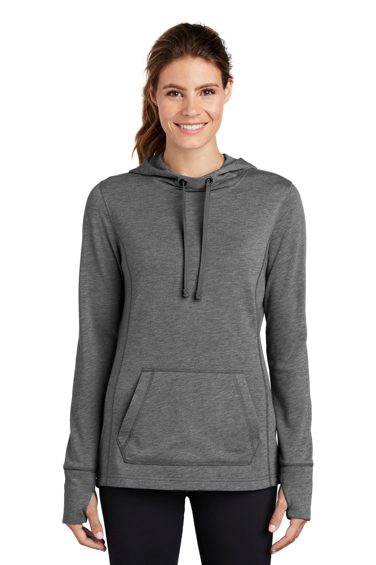 Sport-Tek ® Ladies PosiCharge ® Tri-Blend Wicking Fleece Hooded Pullover. LST296