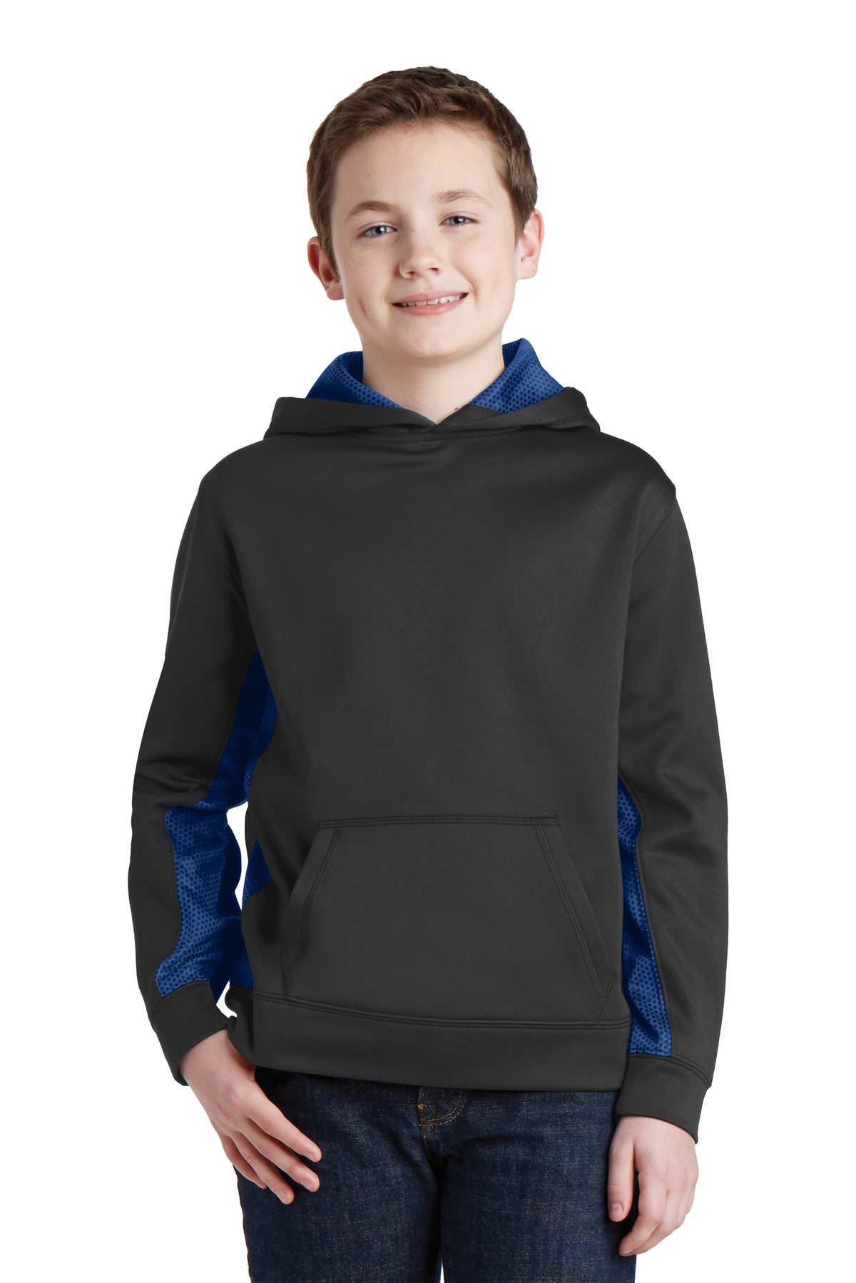 Sport-Tek® Youth Sport-Wick® CamoHex Fleece Colorblock Hooded Pullover.  YST239